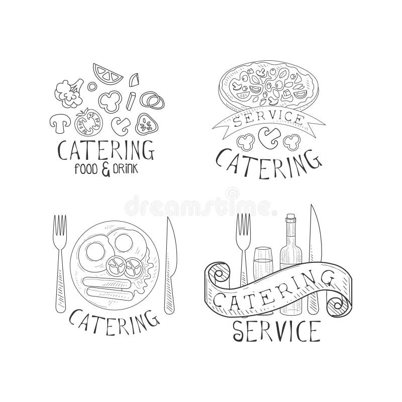 Grupo do vetor de 4 logotipos para serviços de abastecimento Esboce emblemas com vegetais, pizza saboroso, café da manhã inglês, ilustração stock Grupo do vetor de 4 logotipos para serviços de abastecimento Esboce emblemas com vegetais, pizza saboroso, café da manhã inglês, ilustração stock