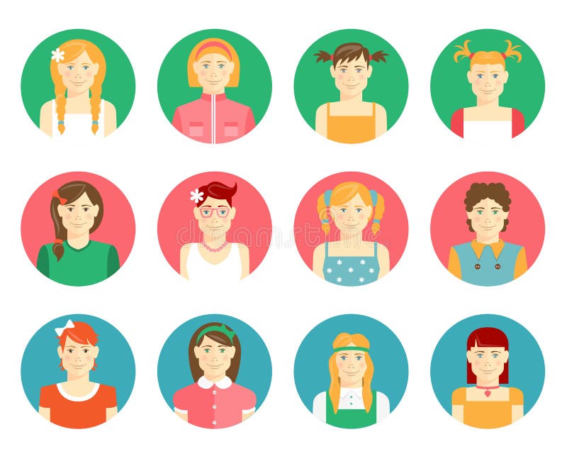 Grupo do vetor de meninas e de avatars das jovens mulheres ilustração do vetor Grupo do vetor de meninas e de avatars das jovens mulheres ilustração do vetor