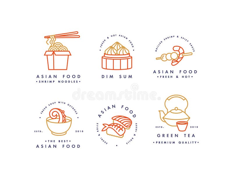 Grupo do vetor de moldes do projeto do logotipo e emblemas ou crachás Alimento asiático - macarronetes, dim sum, sopa, sushi Logo ilustração royalty free Grupo do vetor de moldes do projeto do logotipo e emblemas ou crachás Alimento asiático - macarronetes, dim sum, sopa, sushi Logo ilustração royalty free
