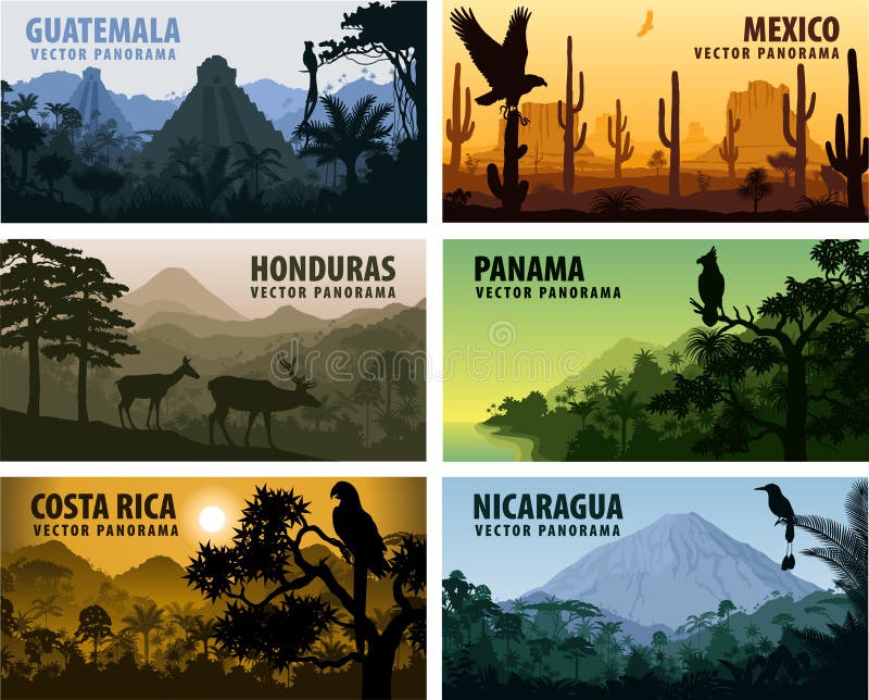 Grupo do vetor de países América Central dos panorams - Guatemala, México, Honduras, Nicarágua, Panamá, Costa Rica