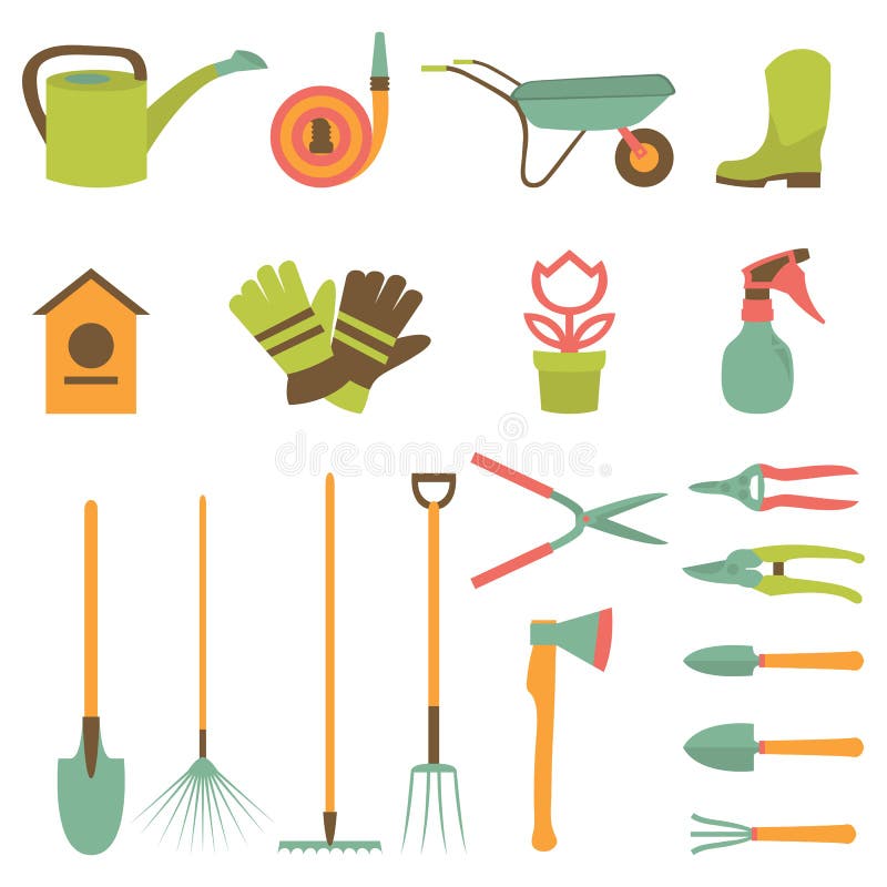 Grupo do vetor de vários artigos e ferramentas de jardim de jardinagem no projeto liso