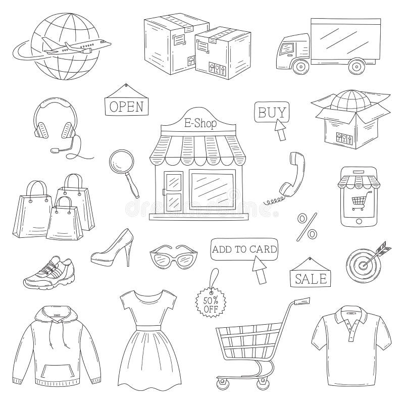 Grupo do vetor de ícones em linha tirados mão da compra ilustração royalty free Grupo do vetor de ícones em linha tirados mão da compra ilustração royalty free