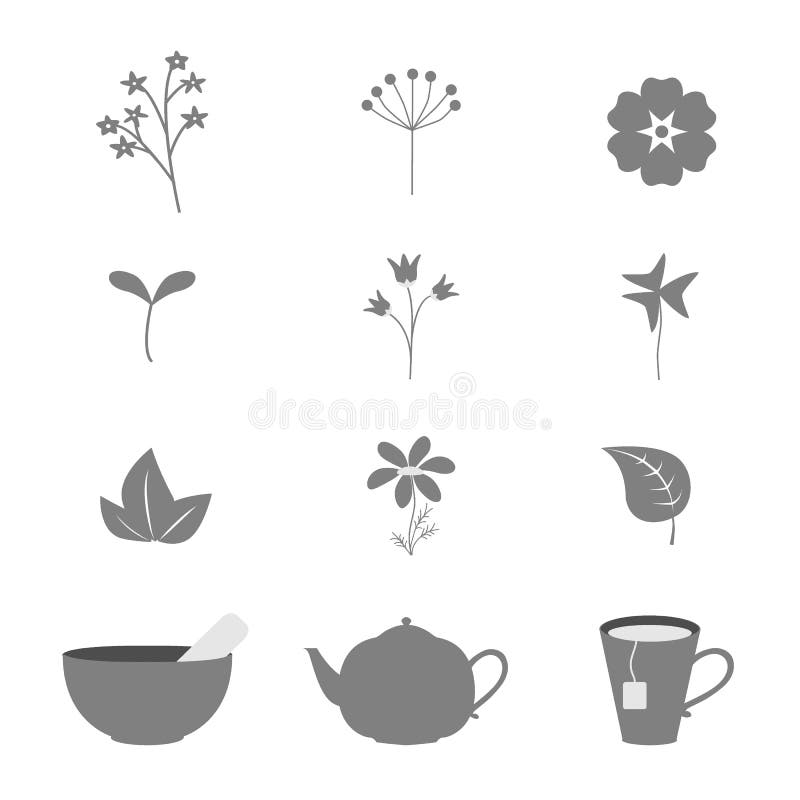 Grupo do vetor de ícones isolados com ervas diferentes e de objetos no estilo liso ilustração royalty free Grupo do vetor de ícones isolados com ervas diferentes e de objetos no estilo liso ilustração royalty free
