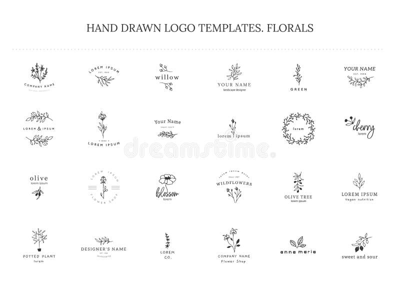 Grupo do vetor mão floral de moldes tirados do logotipo no estilo elegante e mínimo