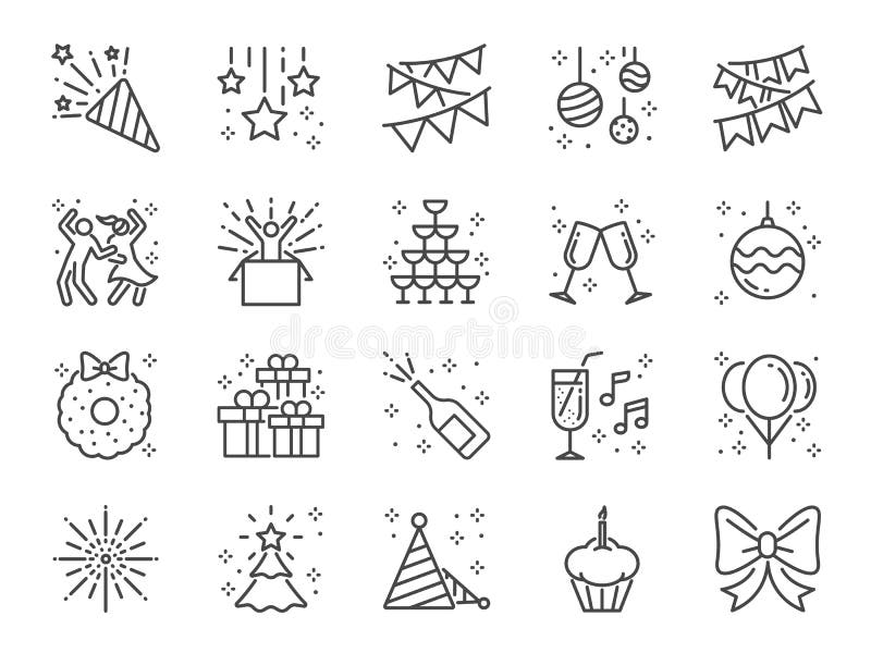 Grupo do ícone da linha do partido Ícones incluídos como comemoram, celebração, dança, música, congrats e mais