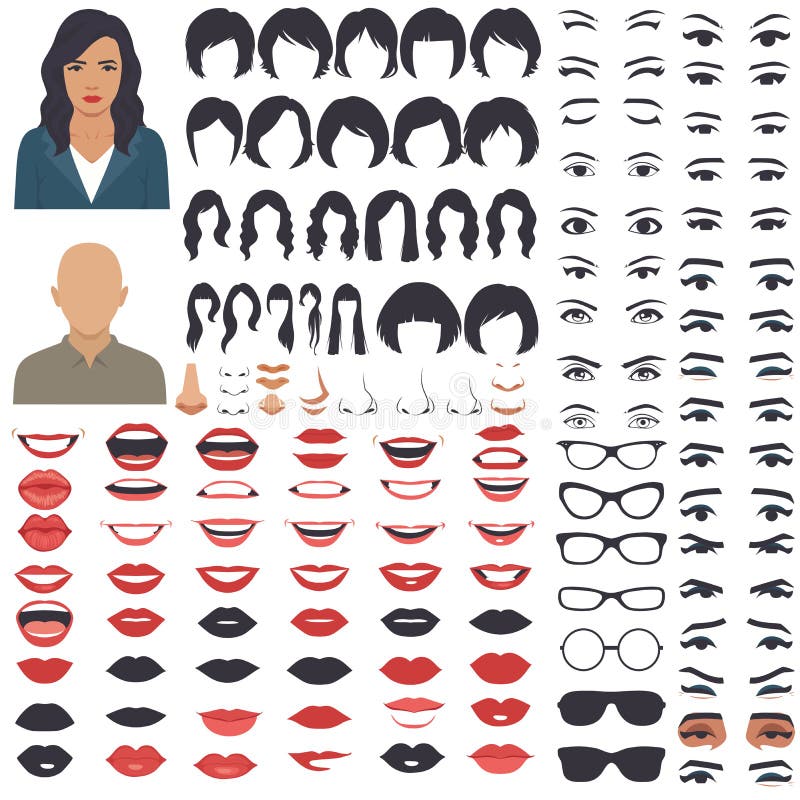 Grupo do ícone das peças da cara da mulher, da cabeça do caráter, dos olhos, da boca, dos bordos, do cabelo e da sobrancelha Grupo do ícone das peças da cara da mulher, da cabeça do caráter, dos olhos, da boca, dos bordos, do cabelo e da sobrancelha