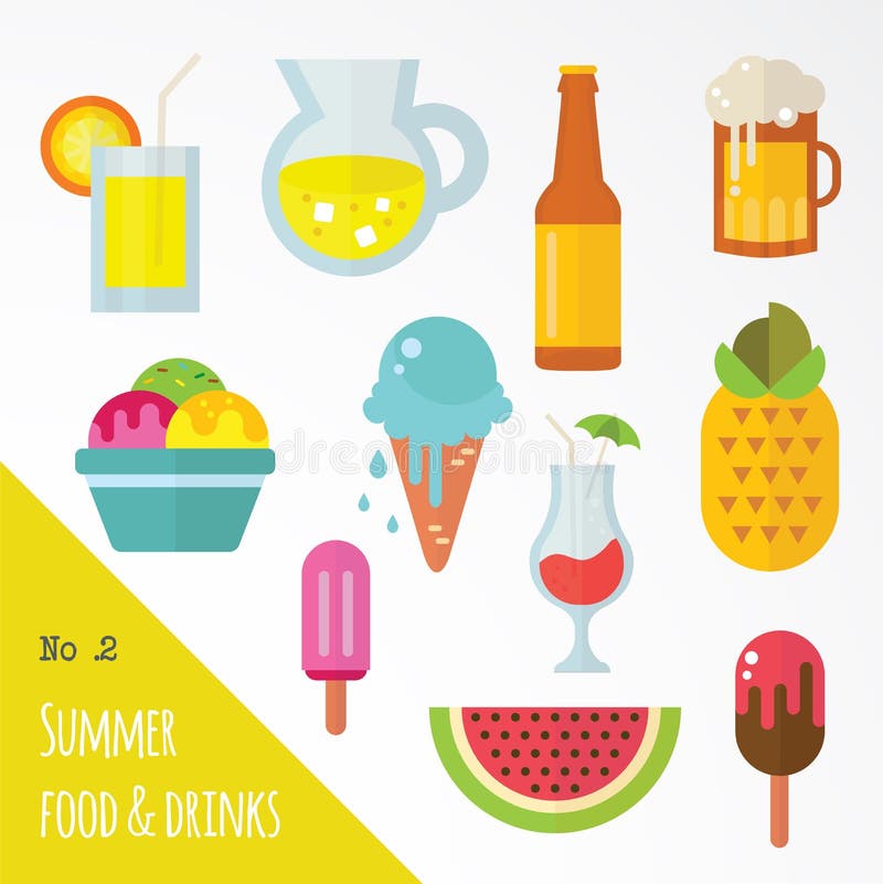 Grupo do ícone de alimento e de bebidas do verão ilustração do vetor Grupo do ícone de alimento e de bebidas do verão ilustração do vetor