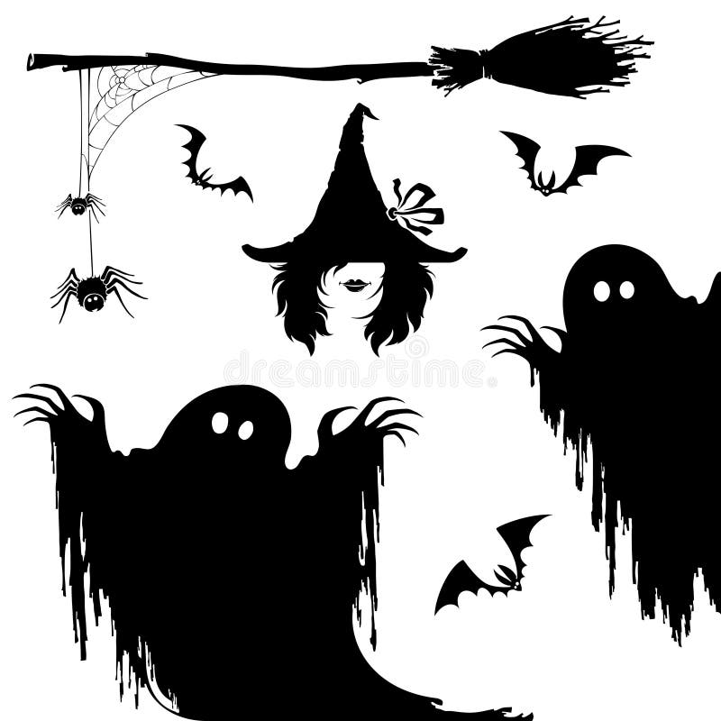 Grupo do ícone de Dia das Bruxas Bruxa, monstro do pesadelo, vassoura e spiderweb ilustração royalty free Grupo do ícone de Dia das Bruxas Bruxa, monstro do pesadelo, vassoura e spiderweb ilustração royalty free