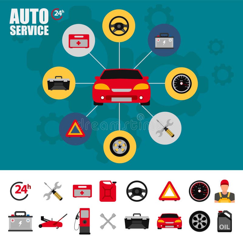 Grupo do ícone do plano de serviço do carro Ícones do plano de serviço do auto mecânico do reparo e do trabalho do carro da manut ilustração royalty free Grupo do ícone do plano de serviço do carro Ícones do plano de serviço do auto mecânico do reparo e do trabalho do carro da manut ilustração royalty free