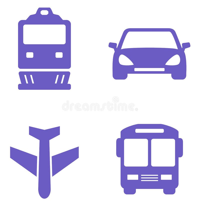 Grupo do ícone do transporte com trem, plano, carro e ônibus