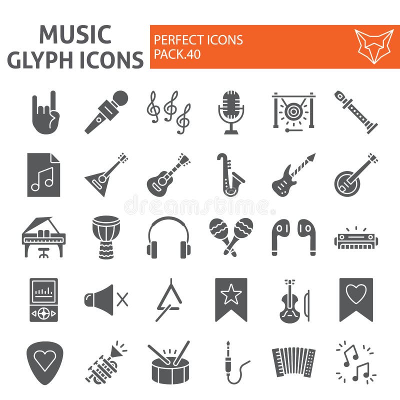 Grupo do ícone do glyph da música, símbolos coleção dos instrumentos musicais, esboços do vetor, ilustrações do logotipo, sinais ilustração royalty free Grupo do ícone do glyph da música, símbolos coleção dos instrumentos musicais, esboços do vetor, ilustrações do logotipo, sinais ilustração royalty free