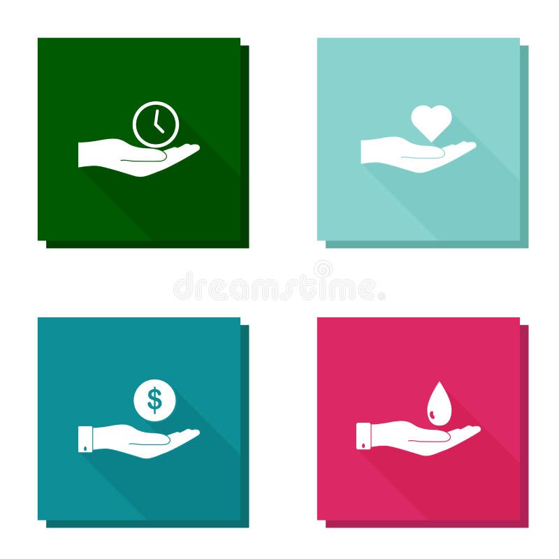 Grupo do ícone do vetor com a mão longa da sombra que guarda um pulso de disparo, um coração, um dinheiro e uma gota da água ilustração royalty free Grupo do ícone do vetor com a mão longa da sombra que guarda um pulso de disparo, um coração, um dinheiro e uma gota da água ilustração royalty free
