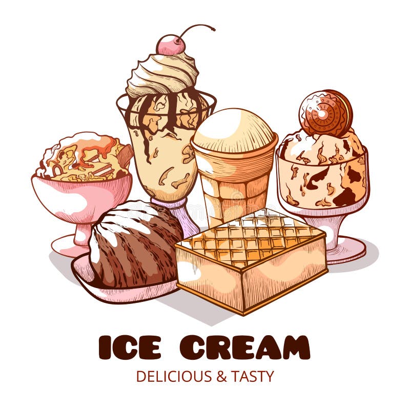 Grupo doce do cartaz do gelado, o delicioso e o saboroso ilustração do vetor Grupo doce do cartaz do gelado, o delicioso e o saboroso ilustração do vetor