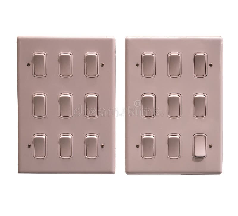 Grupo dois de switces do poder, isolado no fundo branco foto de stock Grupo dois de switces do poder, isolado no fundo branco foto de stock