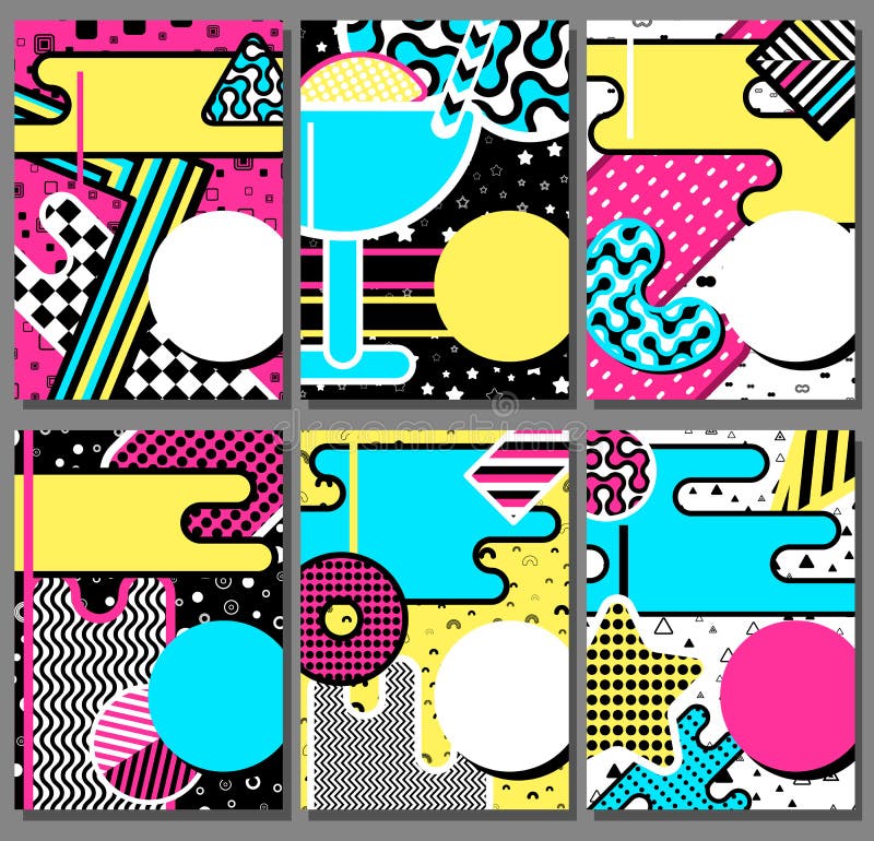 Grupo dos cartazes de Memphis, fundo com elementos geom?tricos simples, tend?ncia 80-90s do cart?o da forma dos testes padr?es ilustração stock Grupo dos cartazes de Memphis, fundo com elementos geom?tricos simples, tend?ncia 80-90s do cart?o da forma dos testes padr?es ilustração stock