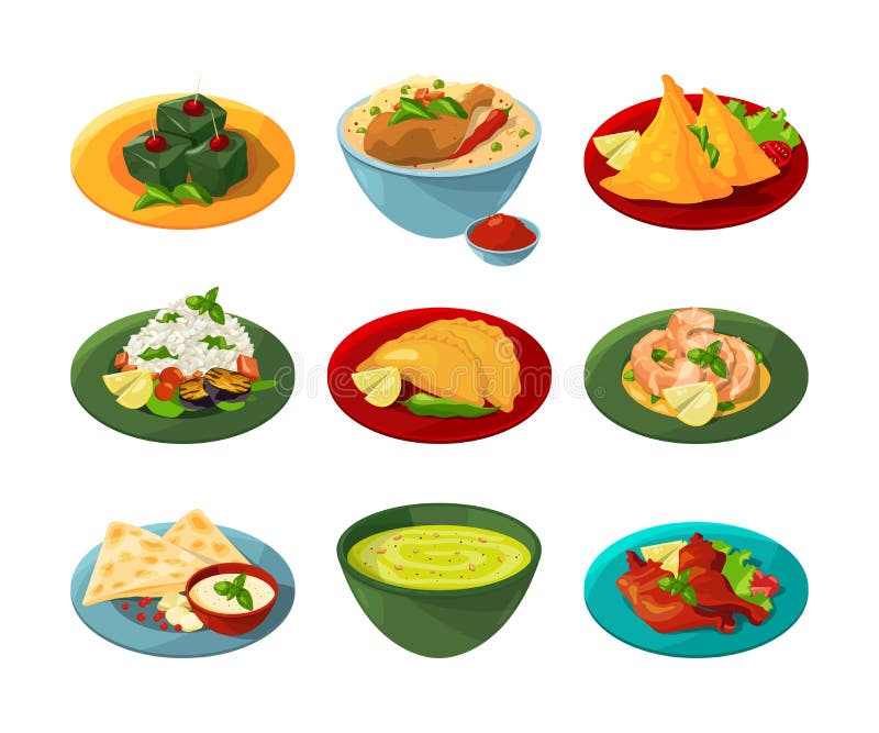 Grupo dos desenhos animados de alimento indiano tradicional em pratos diferentes ilustração royalty free Grupo dos desenhos animados de alimento indiano tradicional em pratos diferentes ilustração royalty free