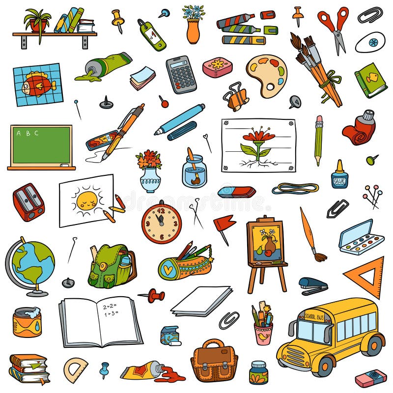 Grupo dos desenhos animados de objetos da escola Coleção dos artigos de papelaria ilustração stock Grupo dos desenhos animados de objetos da escola Coleção dos artigos de papelaria ilustração stock