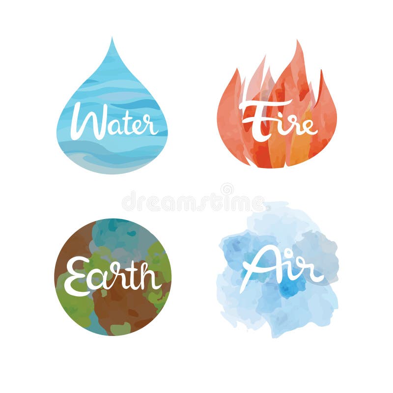 Grupo dos quatro ícones dos elementos da natureza Água, fogo, terra, símbolos do ar ilustração do vetor Grupo dos quatro ícones dos elementos da natureza Água, fogo, terra, símbolos do ar ilustração do vetor