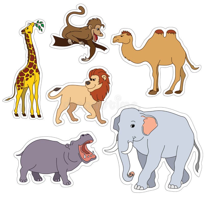 Grupo dos vários animais bonitos, etiquetas de animais do safari Ilustração do vetor isolada no branco ilustração stock Grupo dos vários animais bonitos, etiquetas de animais do safari Ilustração do vetor isolada no branco ilustração stock
