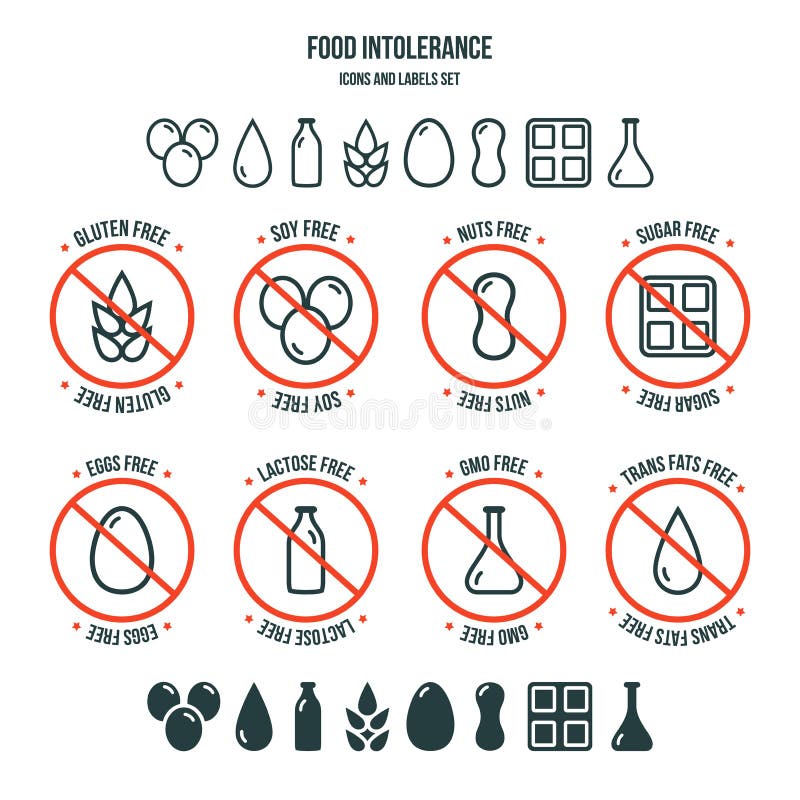 Grupo dos ícones e de etiquetas da intolerância do alimento ilustração royalty free Grupo dos ícones e de etiquetas da intolerância do alimento ilustração royalty free