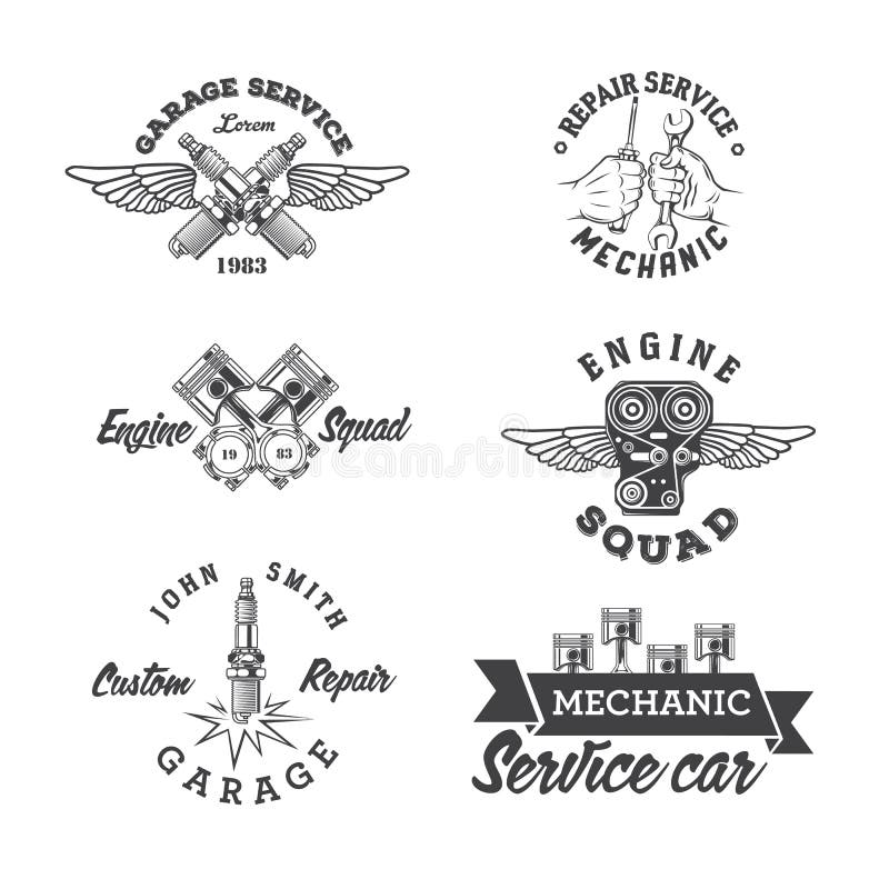 Grupo etiquetas do serviço do vintage de auto ilustração royalty free Grupo etiquetas do serviço do vintage de auto ilustração royalty free