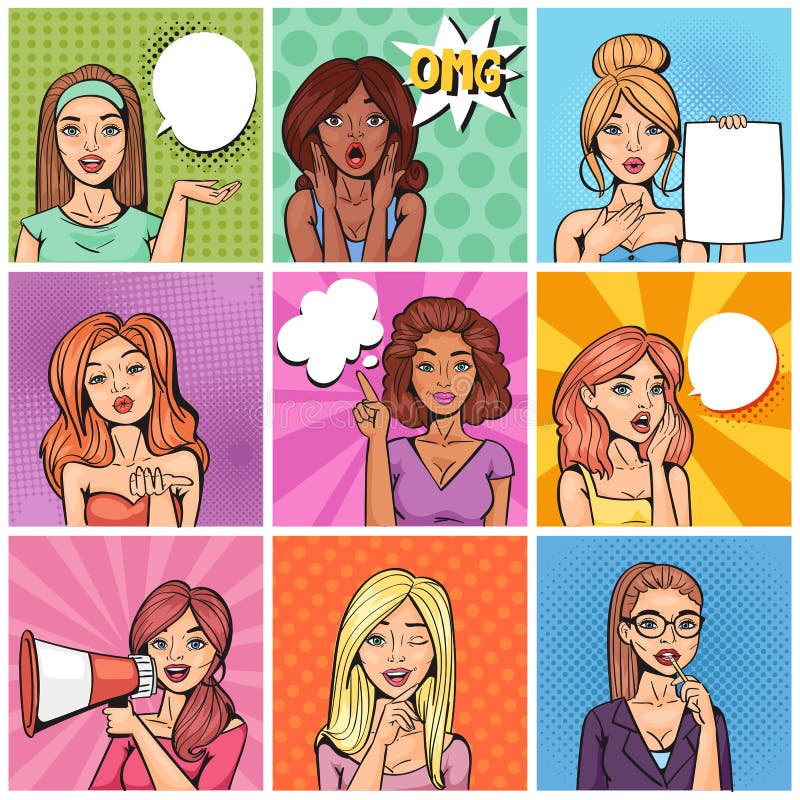 Grupo falador da fêmea do discurso da bolha do caráter cômico da menina dos desenhos animados do popart do vetor da mulher ou da ilustração stock Grupo falador da fêmea do discurso da bolha do caráter cômico da menina dos desenhos animados do popart do vetor da mulher ou da ilustração stock