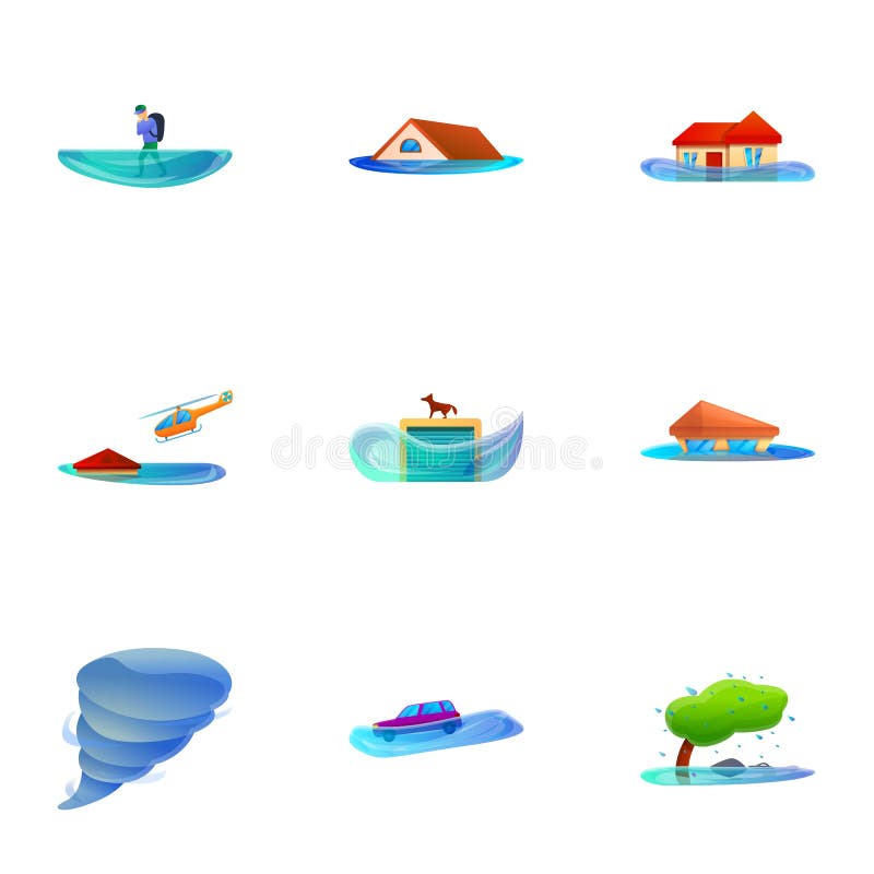 Grupo global do ícone do cataclismo, estilo dos desenhos animados ilustração royalty free Grupo global do ícone do cataclismo, estilo dos desenhos animados ilustração royalty free