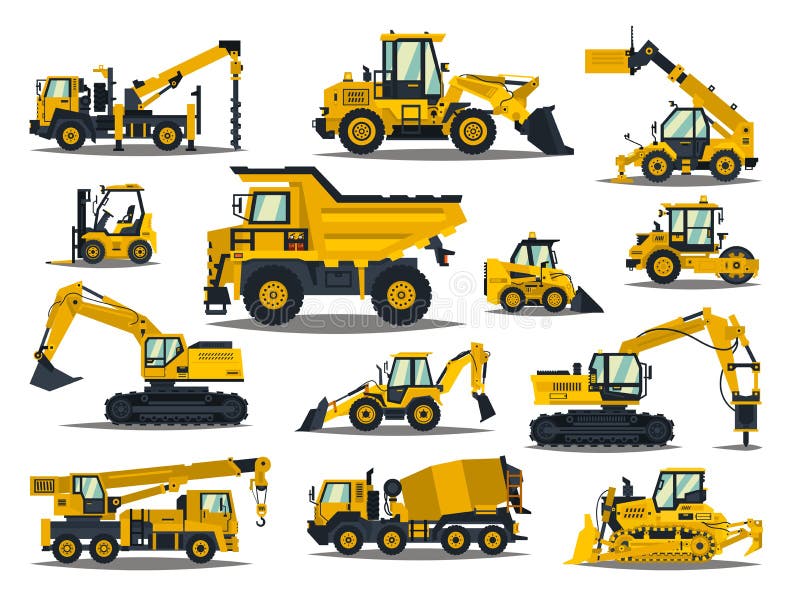Grupo grande de equipamento de construção Máquinas especiais para as obras Empilhadeiras, guindastes, máquinas escavadoras, trato
