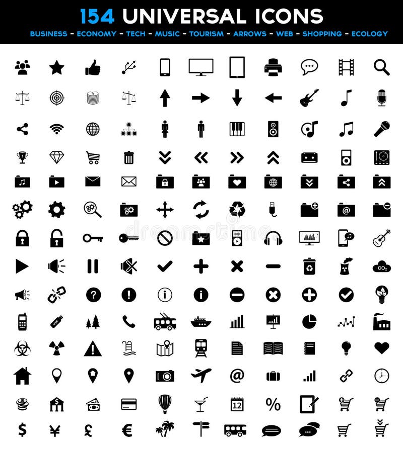 Collection of 154 universal black flat icons concerning business, web, technology, communication, connectivity, music, media, tourism, money and finance, environment and much more. Collection of 154 universal black flat icons concerning business, web, technology, communication, connectivity, music, media, tourism, money and finance, environment and much more.