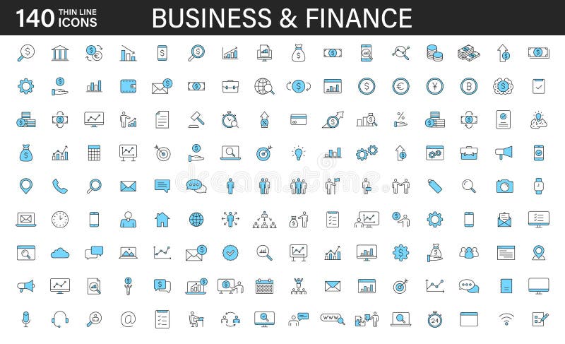 Big set of 140 Business and Finance web icons in line style. Money, bank, contact, office, payment, strategy, accounting, infographic. Icon collection. Vector illustration. Big set of 140 Business and Finance web icons in line style. Money, bank, contact, office, payment, strategy, accounting, infographic. Icon collection. Vector illustration.