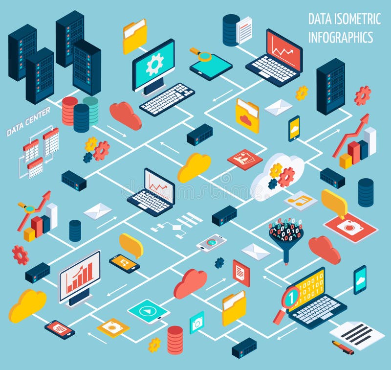 Data infographic isometric set with data center and network elements vector illustration. Data infographic isometric set with data center and network elements vector illustration