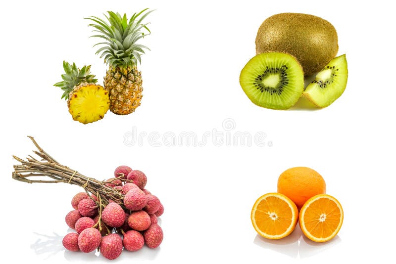 Grupo isolado de frutos que incluem o citrino alaranjado do lichi do quivi do abacaxi no fundo branco imagem de stock royalty free Grupo isolado de frutos que incluem o citrino alaranjado do lichi do quivi do abacaxi no fundo branco imagem de stock royalty free
