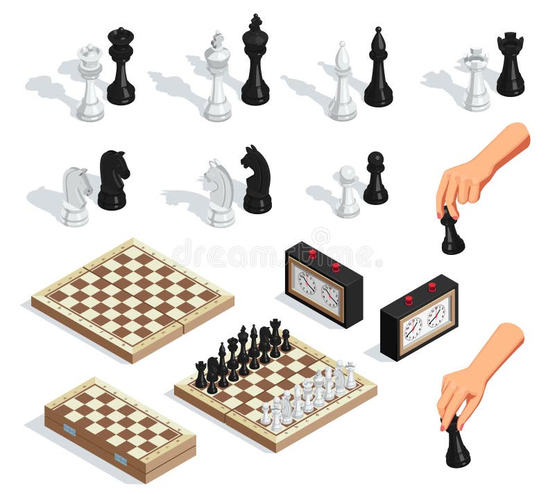 Conjunto isométrico de xadrez com crianças de jogadores de jogos online de  tabuleiro de xadrez aprendendo a jogar ilustração vetorial 3d isolada