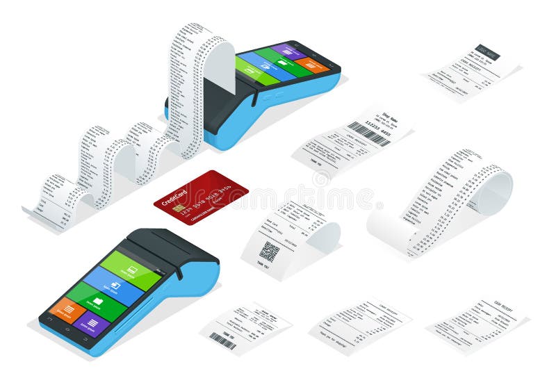 Isometric set of Payment Machine or POS Terminal with receipt records, design template of bill ATM, paper financial check for mockup. Realistic payment paper bills for cash or credit card transaction. Isometric set of Payment Machine or POS Terminal with receipt records, design template of bill ATM, paper financial check for mockup. Realistic payment paper bills for cash or credit card transaction