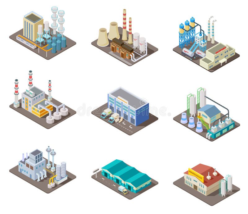 Grupo isométrico da fábrica construções 3d industriais, central elétrica e armazém Coleção isolada do vetor ilustração do vetor Grupo isométrico da fábrica construções 3d industriais, central elétrica e armazém Coleção isolada do vetor ilustração do vetor