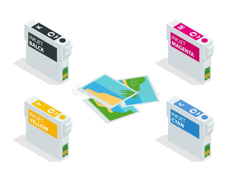 Grupo isométrico de CMYK de cartuchos para a impressora a jato de tinta e a escala de cores Cartuchos recarregávéis vazios para o ilustração royalty free Grupo isométrico de CMYK de cartuchos para a impressora a jato de tinta e a escala de cores Cartuchos recarregávéis vazios para o ilustração royalty free