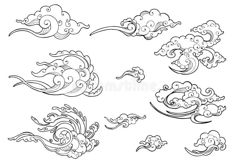 Grupo japonês ou chinês oriental da coleção do desenho da garatuja do ornamento da nuvem ilustração do vetor Grupo japonês ou chinês oriental da coleção do desenho da garatuja do ornamento da nuvem ilustração do vetor