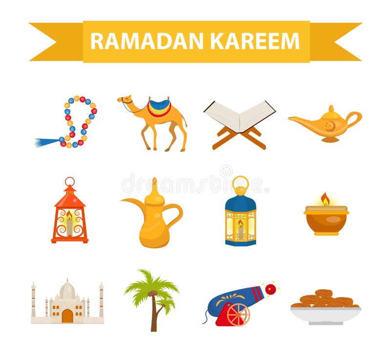 Grupo liso do ?cone do kareem da ramad?, estilo dos desenhos animados Cole??o de elementos ?rabes do projeto com camelo, quran, l ilustração stock Grupo liso do ?cone do kareem da ramad?, estilo dos desenhos animados Cole??o de elementos ?rabes do projeto com camelo, quran, l ilustração stock