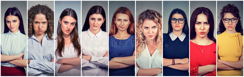 Grupo mal-humorado irritado de mulheres pessimistas com atitude má