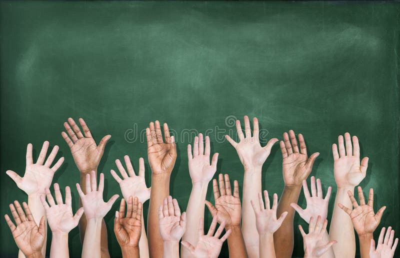 Multiethnic Group of Hands Raised with Blackboard. Multiethnic Group of Hands Raised with Blackboard.