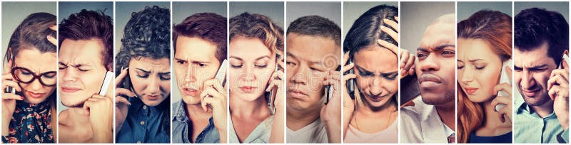 Grupo multicultural de hombres tristes y de mujeres de la gente que hablan en el teléfono móvil foto de archivo libre de regalías Grupo multicultural de hombres tristes y de mujeres de la gente que hablan en el teléfono móvil foto de archivo libre de regalías