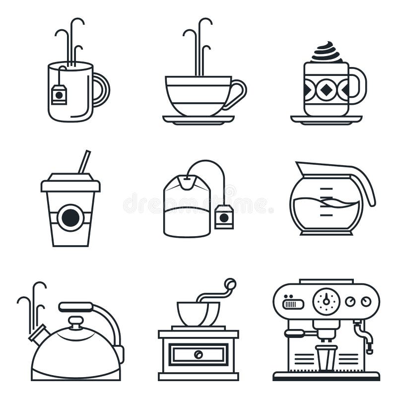 Grupo preto do ícone do lineart Café, chá, copo, dispositivos ilustração royalty free Grupo preto do ícone do lineart Café, chá, copo, dispositivos ilustração royalty free