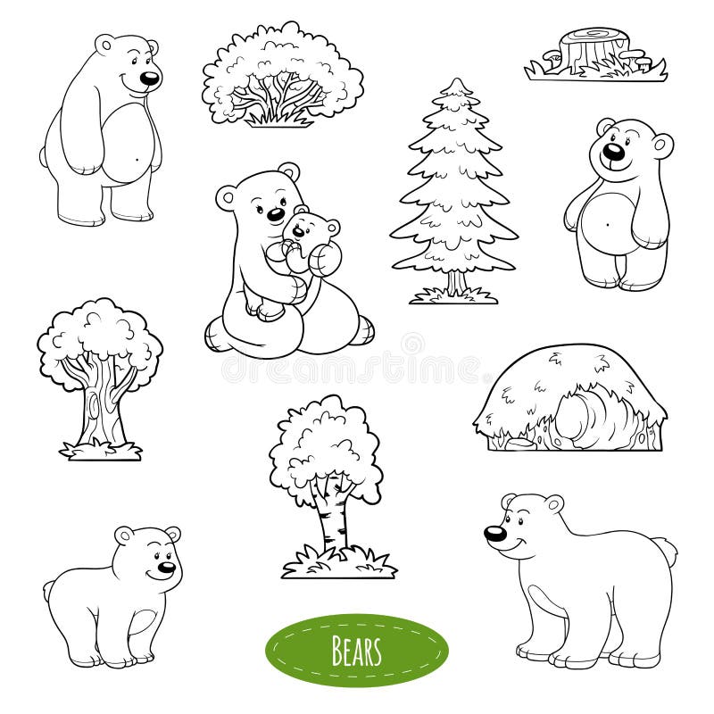 Conjunto a preto e branco de animais e objetos, família de ursos ilustração royalty free