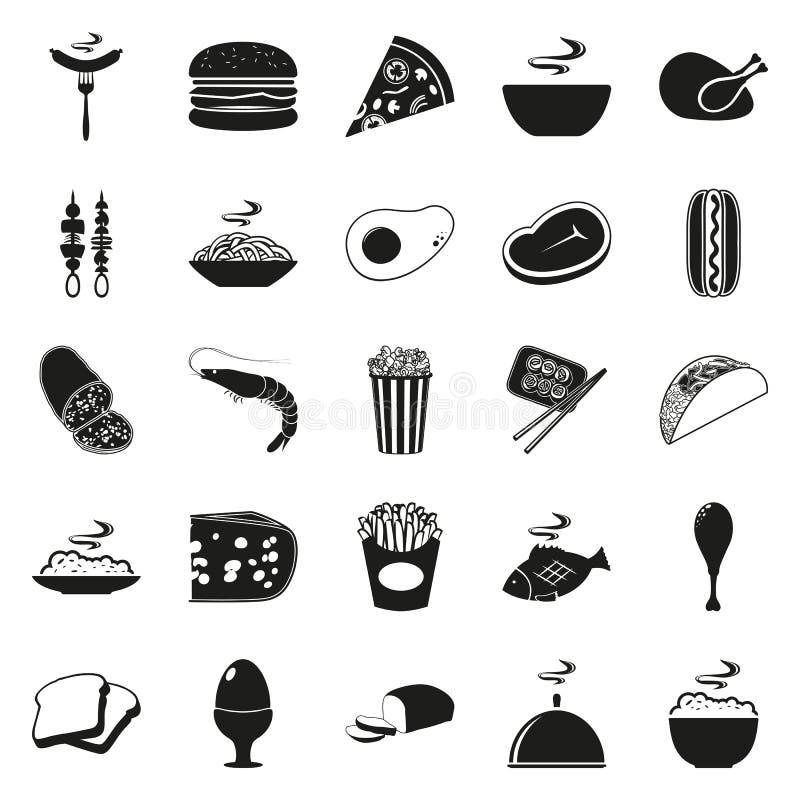Grupo preto simples do ícone do alimento do estilo ilustração stock Grupo preto simples do ícone do alimento do estilo ilustração stock