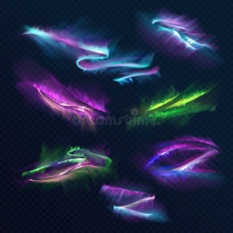 Grupo realsitic do vetor das luzes polares do aurora borealis ilustração royalty free Grupo realsitic do vetor das luzes polares do aurora borealis ilustração royalty free
