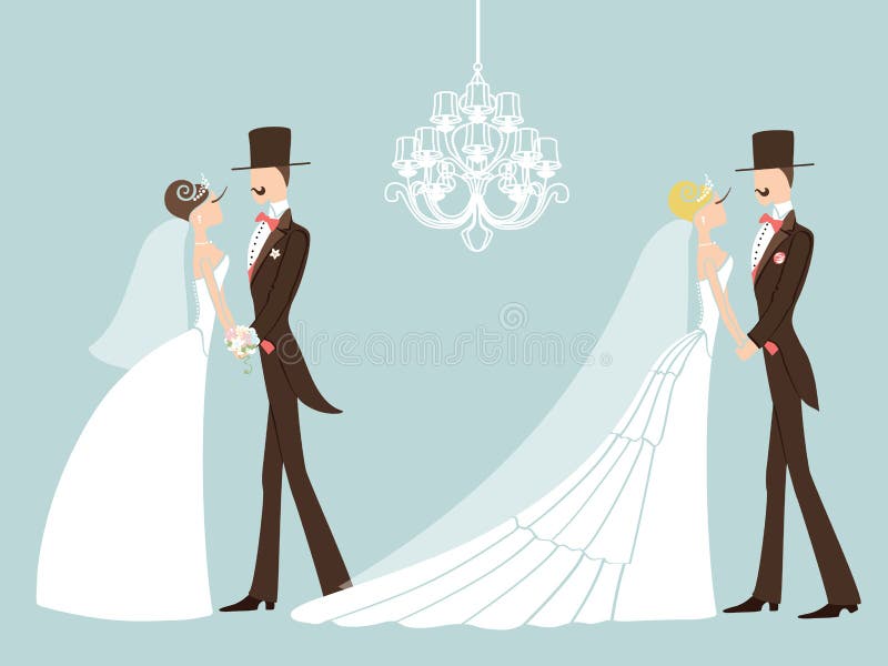 Grupo retro bonito do casamento Noivos dos pares dos desenhos animados EPS ilustração stock Grupo retro bonito do casamento Noivos dos pares dos desenhos animados EPS ilustração stock