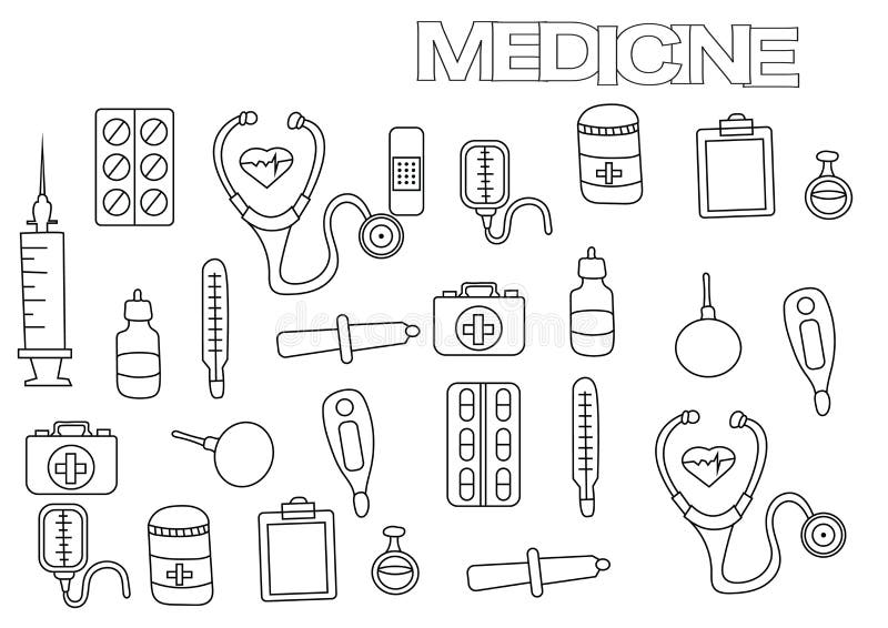 Mão desenhada ferramentas médicas cartoon doodle grande coleção de colorir