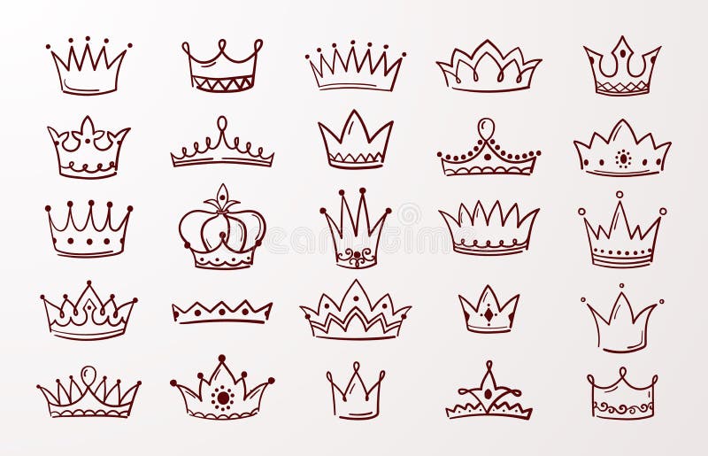 Grupo tirado mão da coroa Esboce coroas da garatuja da beleza da rainha ou do rei A tiara da joia da tinta do vintage do vetor is ilustração stock Grupo tirado mão da coroa Esboce coroas da garatuja da beleza da rainha ou do rei A tiara da joia da tinta do vintage do vetor is ilustração stock