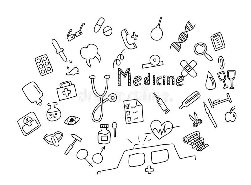 Grupo tirado mão do ícone da medicina Cuidados médicos médicos, ícones da garatuja da farmácia ilustração royalty free Grupo tirado mão do ícone da medicina Cuidados médicos médicos, ícones da garatuja da farmácia ilustração royalty free