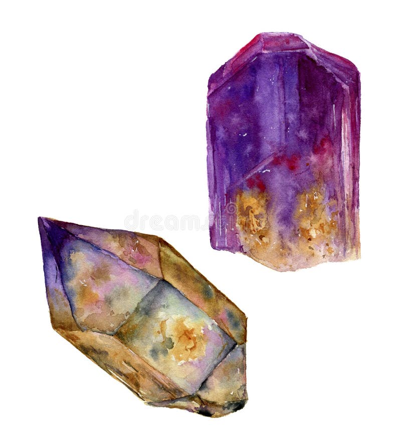 Grupo violeta da gema da aquarela Pedras da ametista e do rauchtopaz isoladas no fundo branco Para o projeto, as cópias ou o fund ilustração do vetor Grupo violeta da gema da aquarela Pedras da ametista e do rauchtopaz isoladas no fundo branco Para o projeto, as cópias ou o fund ilustração do vetor